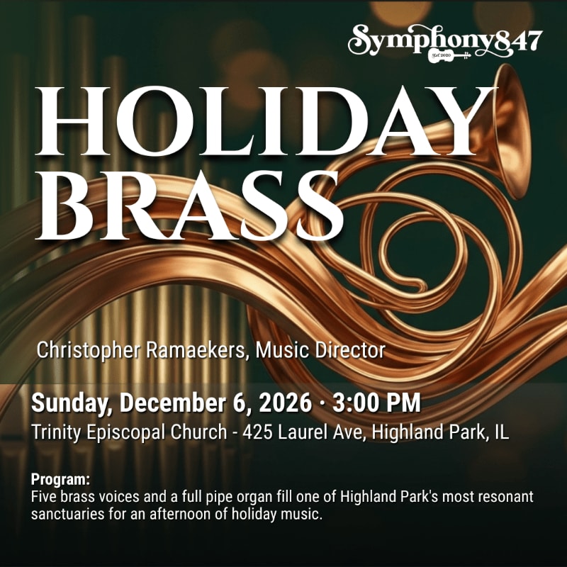 A golden French horn in the foreground is set against a background of pipe organ pipes and event details for a holiday brass concert.
