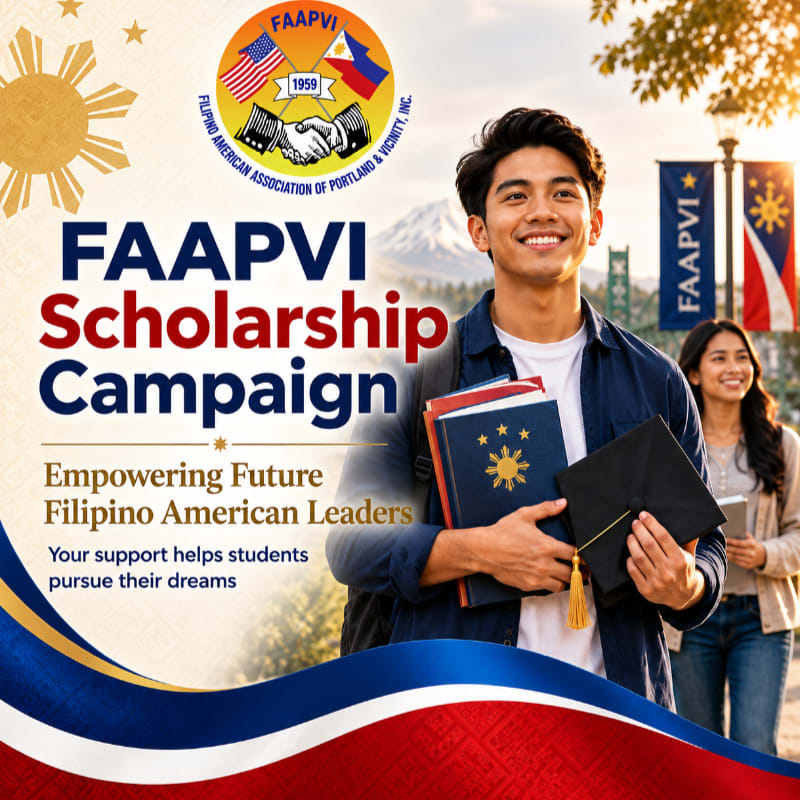 A smiling young man in the foreground holds books and a graduation cap, with a woman behind him and a banner for the FAAPVI Scholarship Campaign in the background.