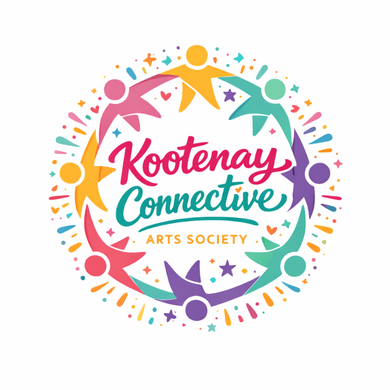 Colorful figures form a circle around the "Kootenay Connective Arts Society" text, with confetti and stars scattered around them.