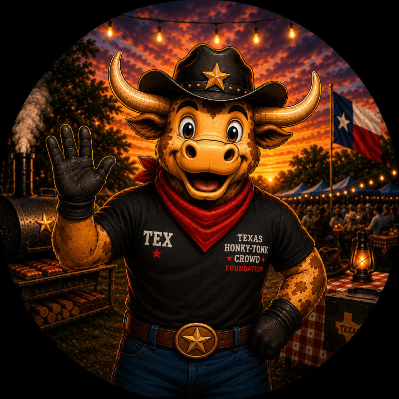 A cartoon bull mascot in a cowboy hat and "TEXAS HONKY-TONK CROWD FOUNDATION" t-shirt waves from a barbecue pit with a Texas flag and festival tents in the background at sunset.