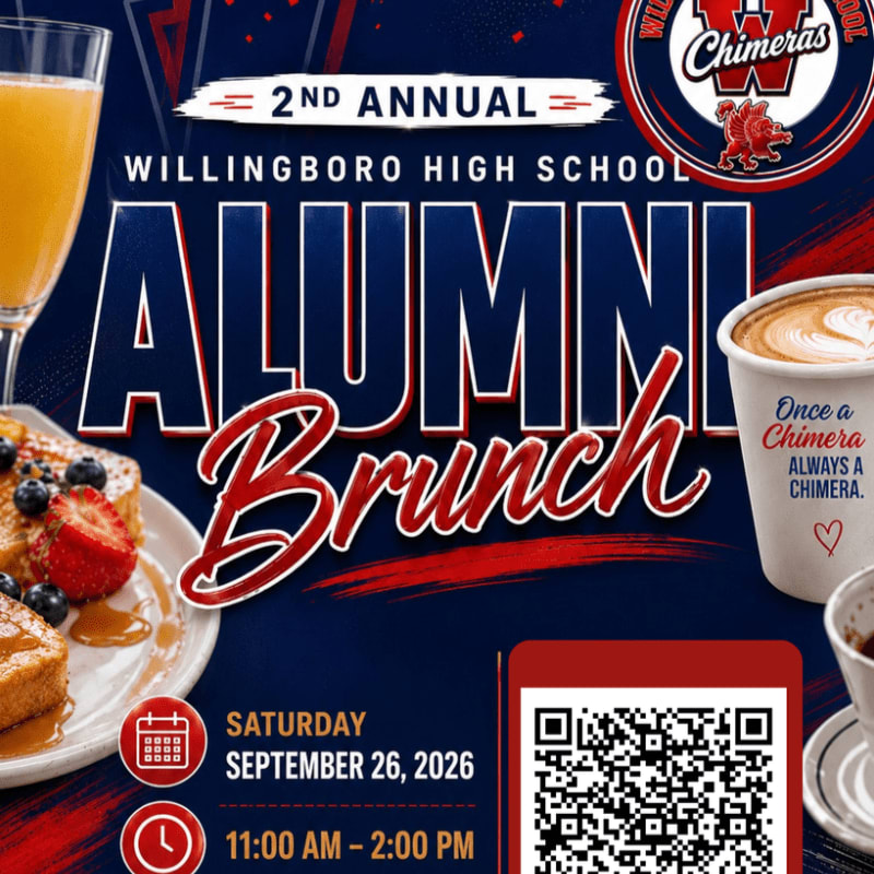 A glass of orange juice and a plate of French toast with berries are in the foreground, while the background features event details for the Willingboro High School Alumni Brunch.