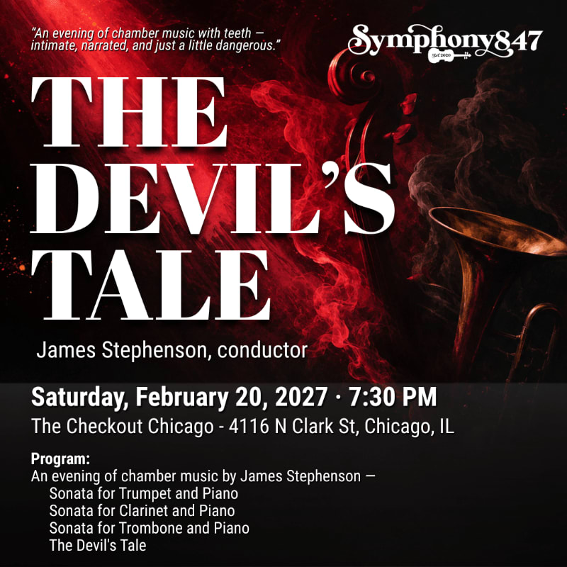 A dark, smoky background with a cello and trumpet frames the bold white text "THE DEVIL'S TALE" and event details for Symphony847.