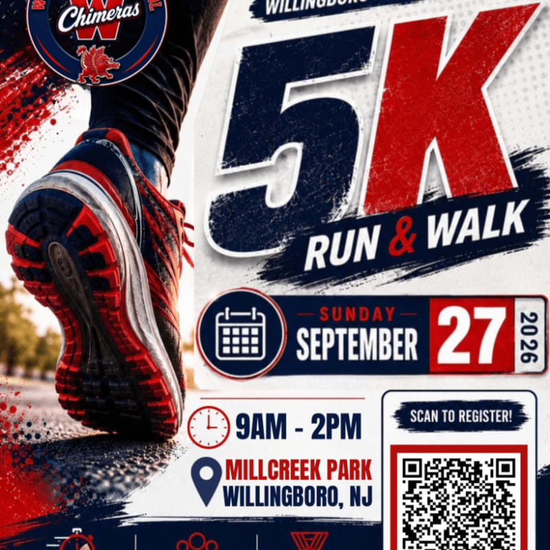 A runner's shoe is in the foreground, with a flyer for a 5K run and walk in Willingboro, NJ, in the background.