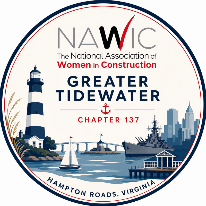 A lighthouse and sailboat are in the foreground of a harbor scene with a battleship and city skyline in the background, all within a circular emblem for NAWIC Greater Tidewater Chapter 137.