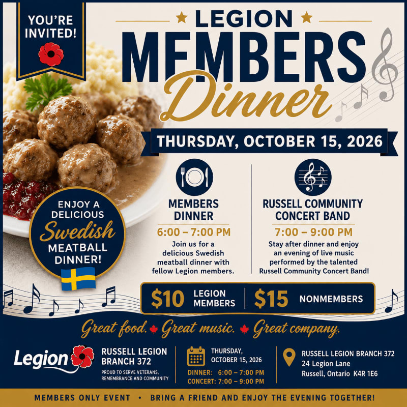 A plate of Swedish meatballs with lingonberry sauce is in the foreground, while the background features event details for a Legion members' dinner and concert.