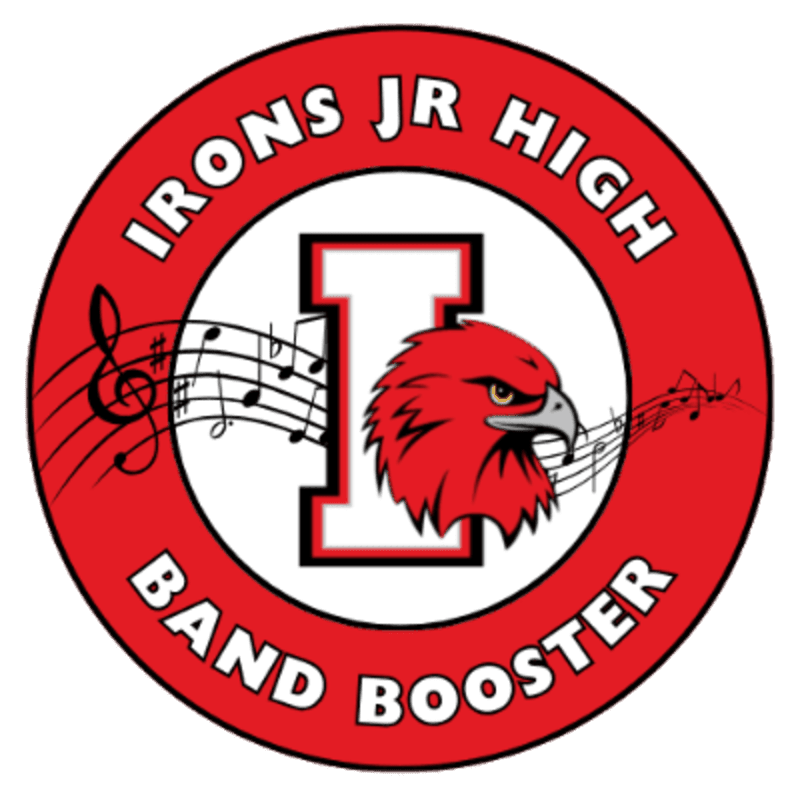 A red circle with white text "IRONS JR HIGH BAND BOOSTER" surrounds a white "I" with a red hawk's head and musical notes.