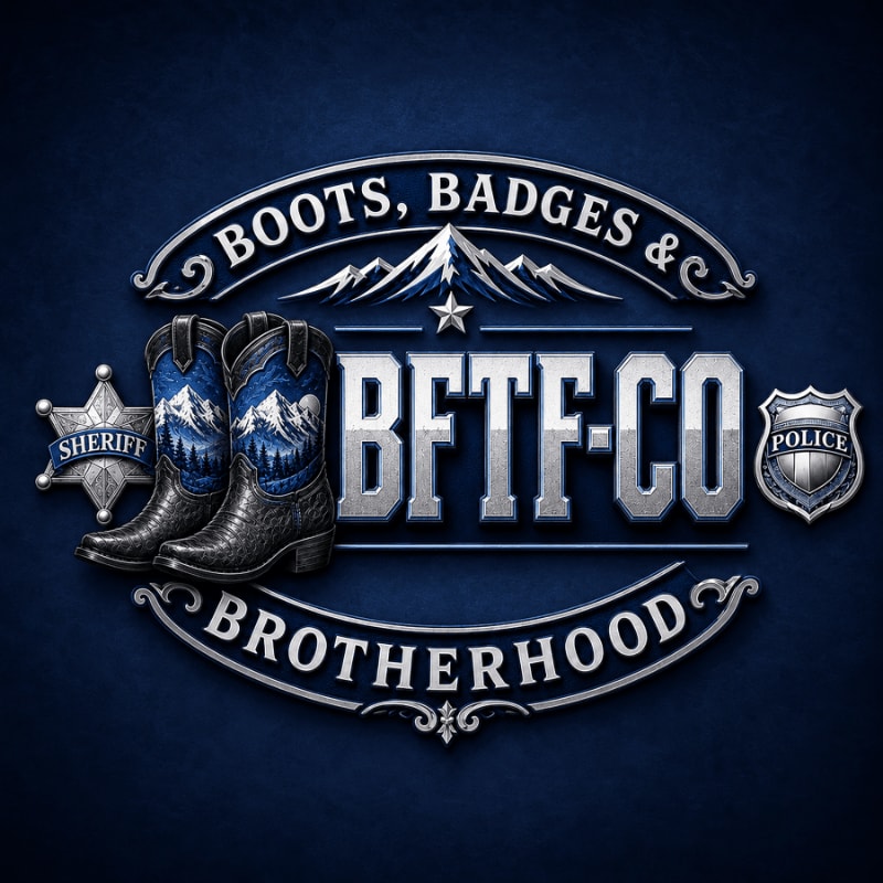 A pair of cowboy boots with a mountain scene on them are in the foreground, set against a dark blue background with a sheriff's badge, a police badge, and the text "BOOTS, BADGES & BROTHERHOOD BFTF-CO" in silver lettering.