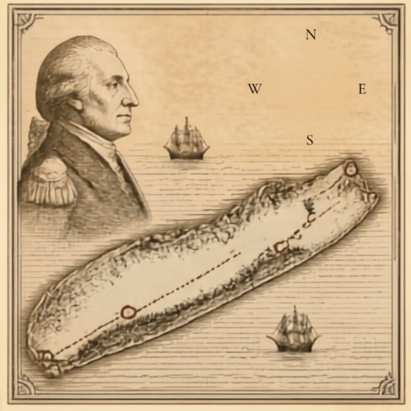 A portrait of George Washington is in the upper left, overlooking a hand-drawn map of a long, narrow island with two sailing ships on the surrounding sea and a compass rose in the upper right.