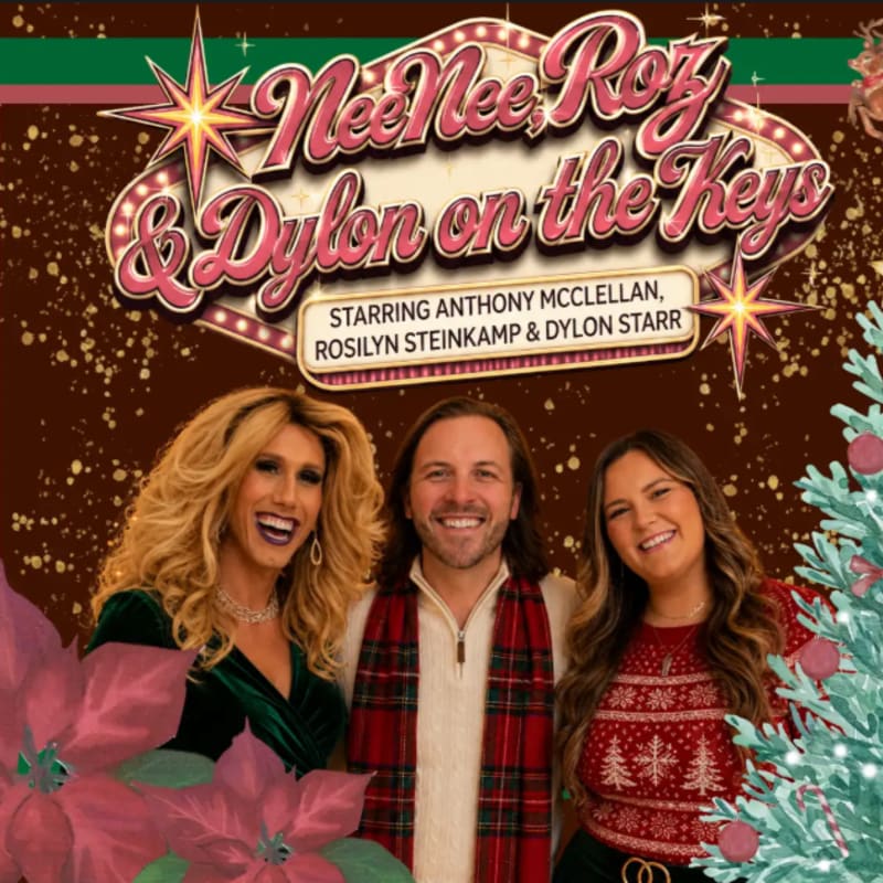 Three smiling people, two women and one man, pose in front of a festive, retro-style marquee that reads "Nee Nee Roz & Dylon on the Keys," with poinsettias and a Christmas tree in the foreground.