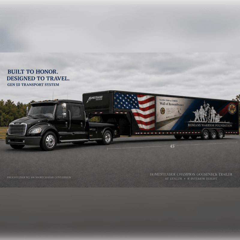A black truck tows a long, decorated trailer featuring an American flag and images of soldiers against a cloudy sky.
