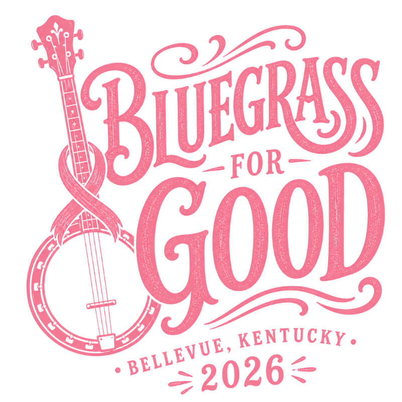 A pink banjo with a ribbon wrapped around it is in the foreground, with the words "BLUEGRASS FOR GOOD" and "BELLEVUE, KENTUCKY. 2026" in stylized pink lettering in the background.