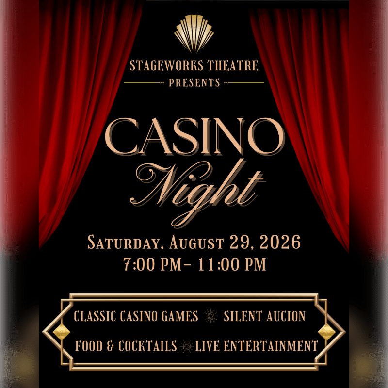 Red velvet curtains frame a black background advertising "Casino Night" presented by Stageworks Theatre, with event details and activities listed below.