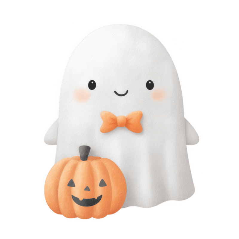 A cute, smiling ghost with rosy cheeks and an orange bowtie stands next to a jack-o'-lantern on a white background.