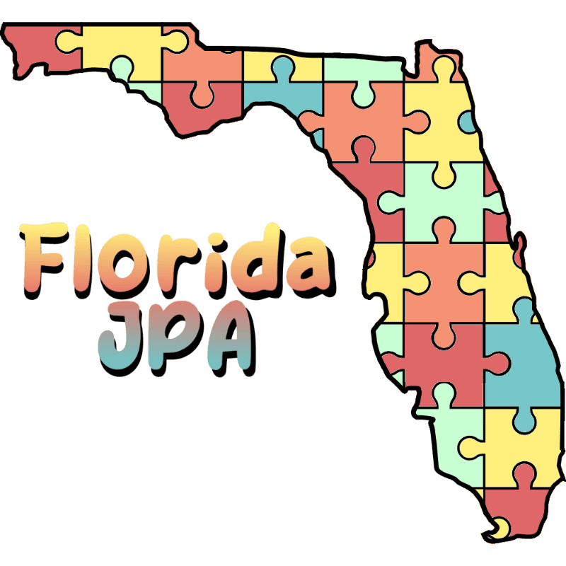 A colorful puzzle-piece outline of Florida with "Florida JPA" written in a gradient font in the foreground against a white background.