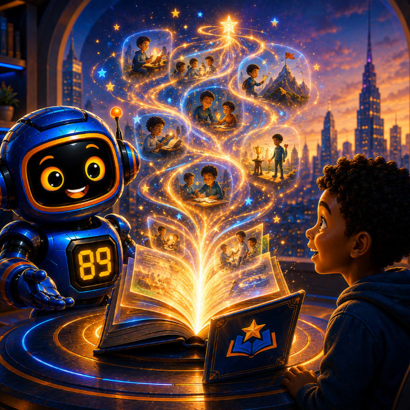 A friendly robot and a young boy gaze at an open book, from which glowing scenes of adventure and learning spiral upwards against a backdrop of a futuristic cityscape at dusk.