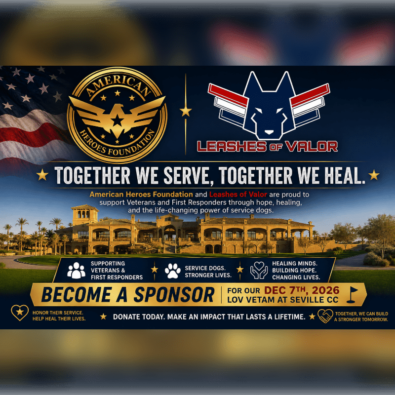 In the foreground, a banner advertises sponsorship opportunities for the American Heroes Foundation and Leashes of Valor, while the background features a large building with palm trees and an American flag.