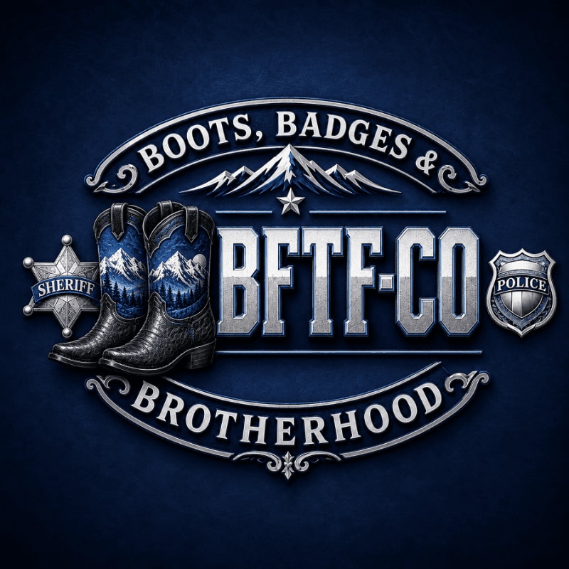 A pair of cowboy boots with a mountain scene on them are in the foreground, set against a dark blue background with a sheriff's badge, a police badge, and the text "BOOTS, BADGES & BROTHERHOOD BFTF-CO" in silver lettering.