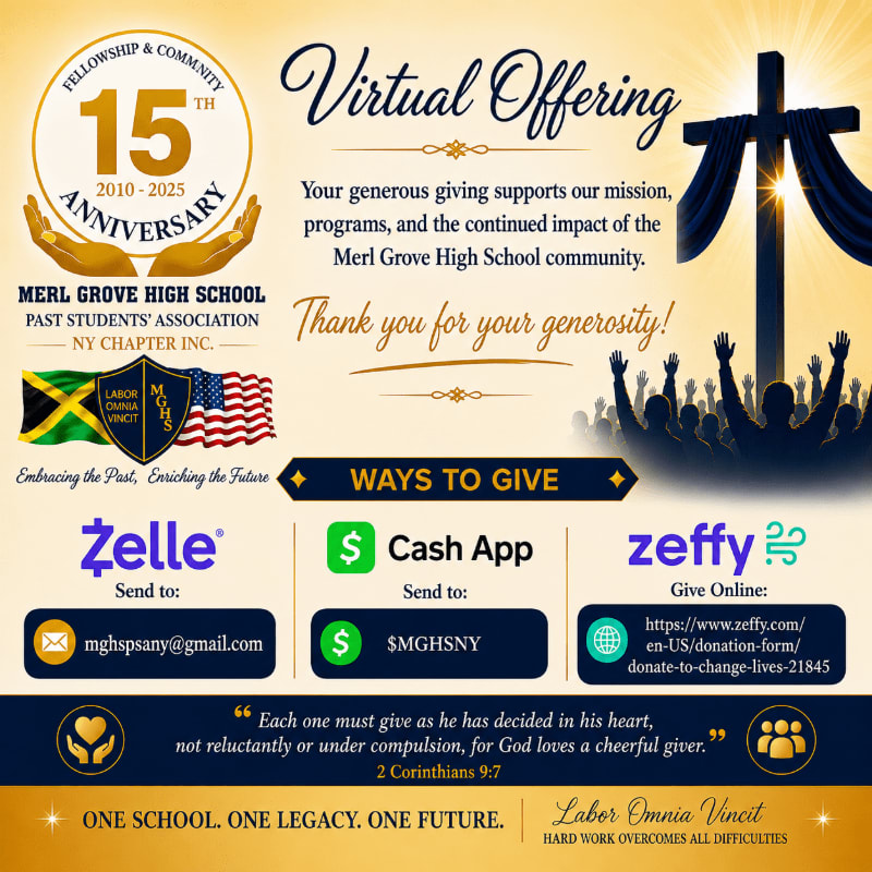 A graphic promoting a virtual offering for Merl Grove High School's Past Students Association features donation methods in the foreground and a stylized cross with raised hands in the background.