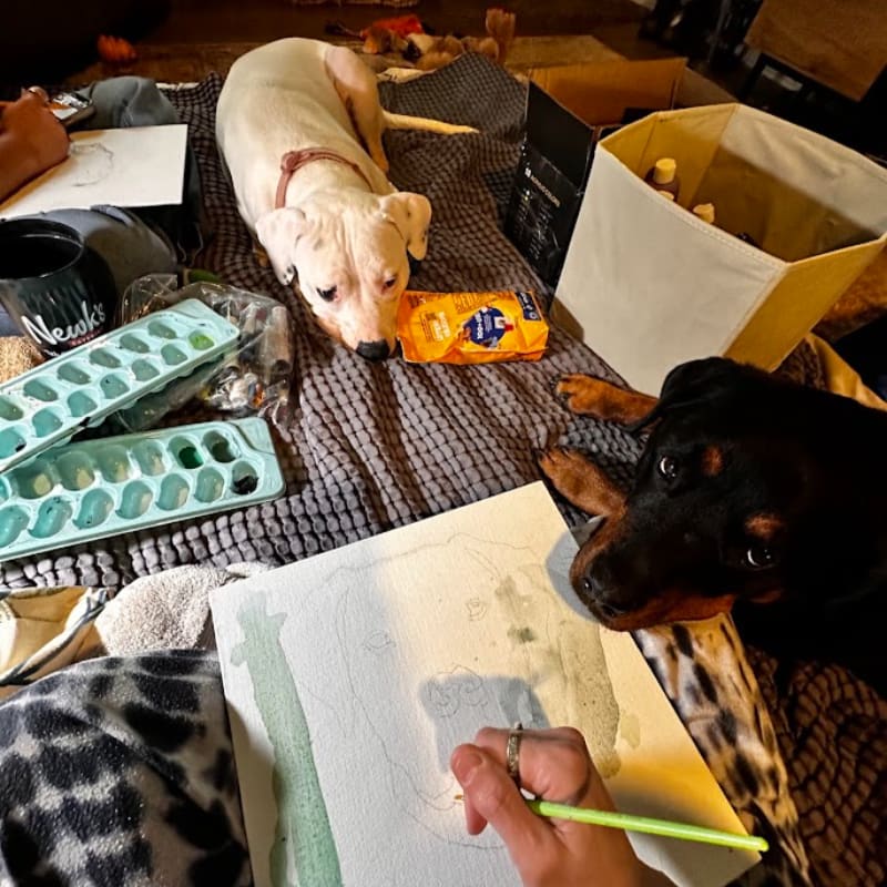 Two dogs lie on a bed next to a person painting, with art supplies and a snack scattered around them.