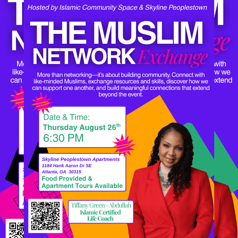 A woman in a red blazer stands in the foreground against a colorful background advertising "The Muslim Network Exchange" event.