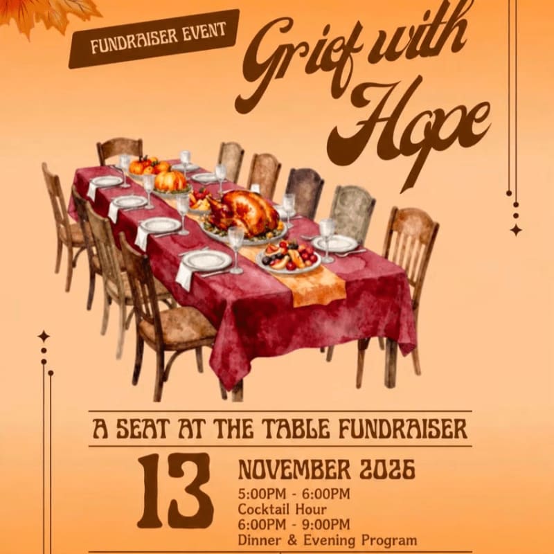 A Thanksgiving dinner table laden with food is set in the foreground, with the event title "Grief with Hope" and fundraising details in the background.