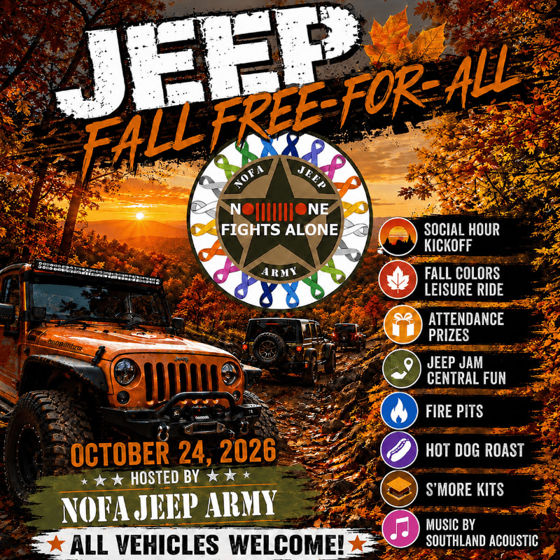 An orange Jeep is parked in the foreground with a fall-themed event poster in the background.