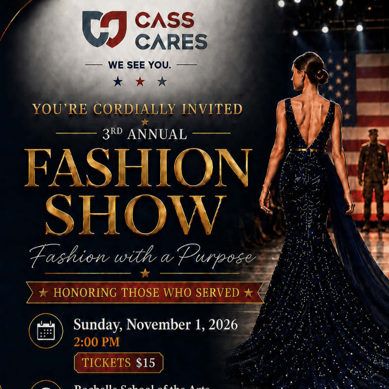 A woman in a sparkling gown walks a runway in front of an American flag and soldiers, advertising the 3rd Annual Cass Cares Fashion Show.