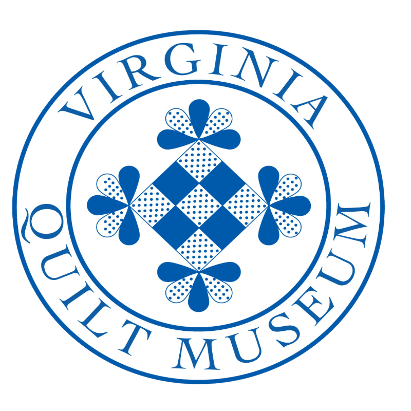 A blue and white circular logo for the Virginia Quilt Museum features a stylized quilt block in the center, surrounded by text.