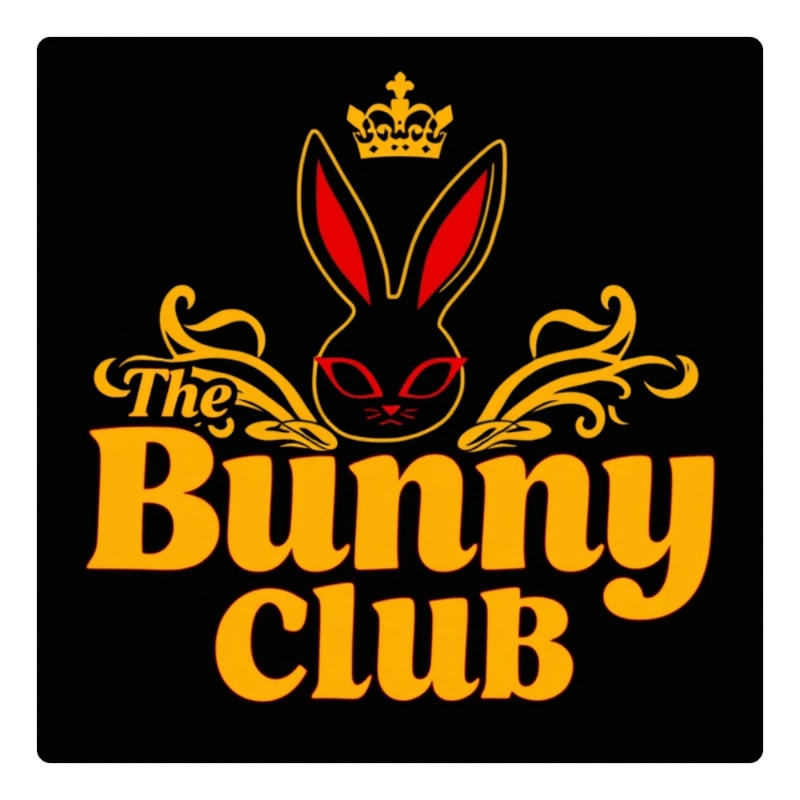 A stylized black bunny with red-rimmed glasses and a crown sits above the bold, yellow text "The Bunny Club" against a black background.
