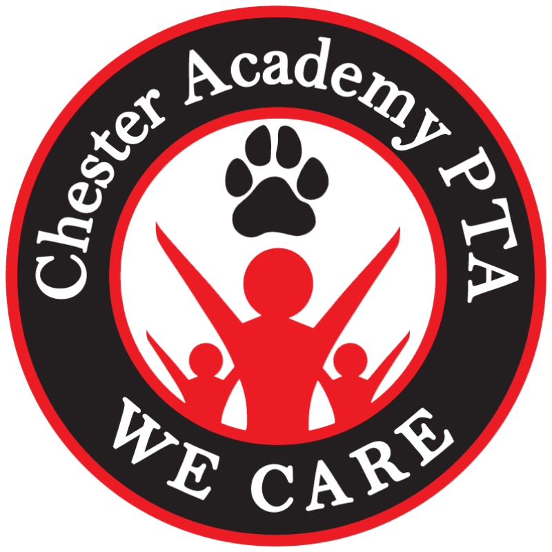 A red and black circular logo for Chester Academy PTA features a paw print and three red figures with raised arms in the foreground, set against a white background within the circle.