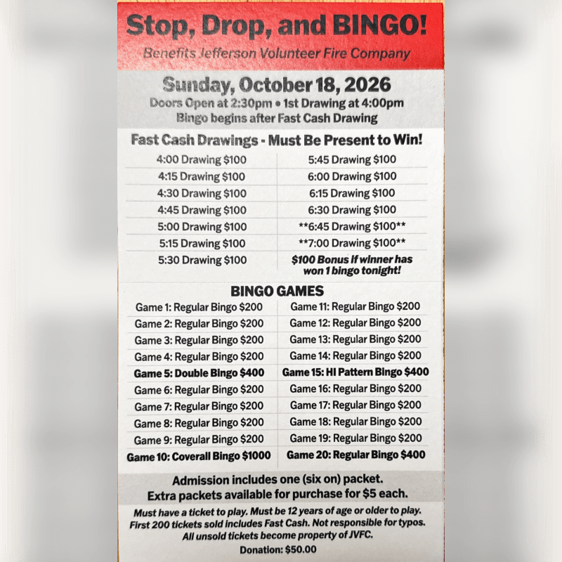 A flyer for a "Stop, Drop, and BINGO!" event on Sunday, October 18, 2026, lists cash drawings and bingo game prizes, with the background featuring the event title and beneficiary information.
