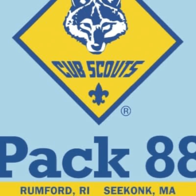 A blue and yellow Cub Scouts logo with a wolf's head and the words "CUB SCOUTS" is centered above the words "Pack 88" in large blue letters, with "RUMFORD, RI SEEKONK, MA" in smaller yellow letters below, all against a light blue background.