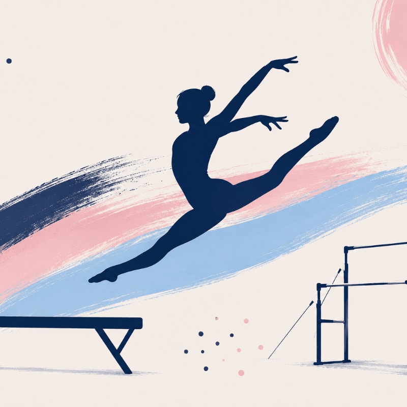 A silhouetted gymnast leaps mid-air over a balance beam and uneven bars against a backdrop of abstract brushstrokes and scattered dots.