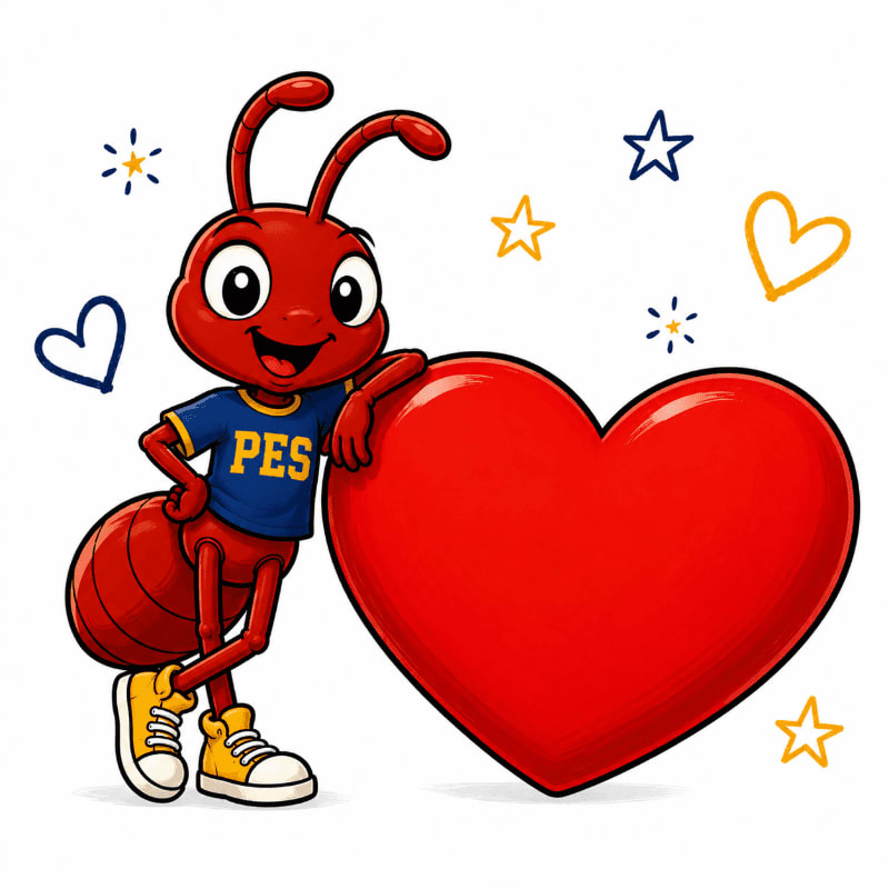 A cheerful cartoon ant in a blue shirt leans against a large red heart, surrounded by colorful stars and hearts on a white background.