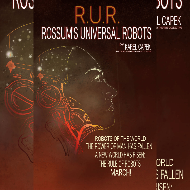A stylized robotic head with glowing orange circuitry dominates the foreground, set against a dark background with repeating text and imagery.