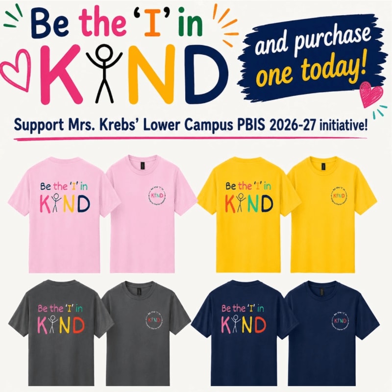 Colorful t-shirts with the slogan "Be the 'I' in KIND" are displayed against a white background with promotional text.