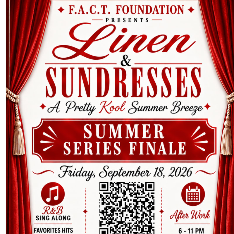 Red velvet curtains frame a poster announcing the "Linen & Sundresses Summer Series Finale" on Friday, September 18, 2026, featuring R&B sing-along and an after-work event.
