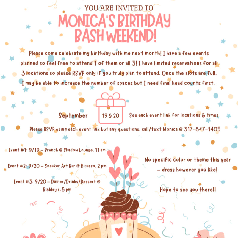 A cupcake with pink frosting and hearts is in the foreground, while the background is a light pink with confetti and text announcing "Monica's Birthday Bash Weekend!".