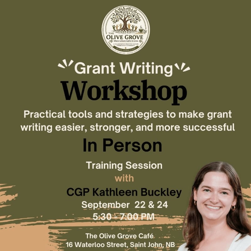 A smiling woman is featured in the foreground of a poster advertising an in-person grant writing workshop hosted by The Olive Grove Café.