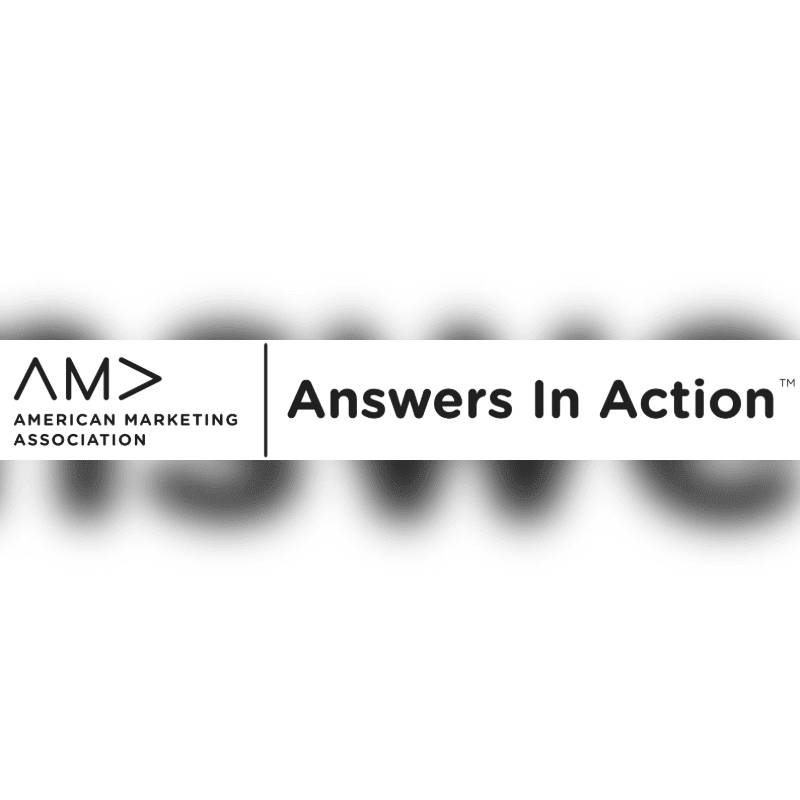 A logo for the American Marketing Association with the tagline "Answers In Action" is displayed in the foreground against a blurred background.