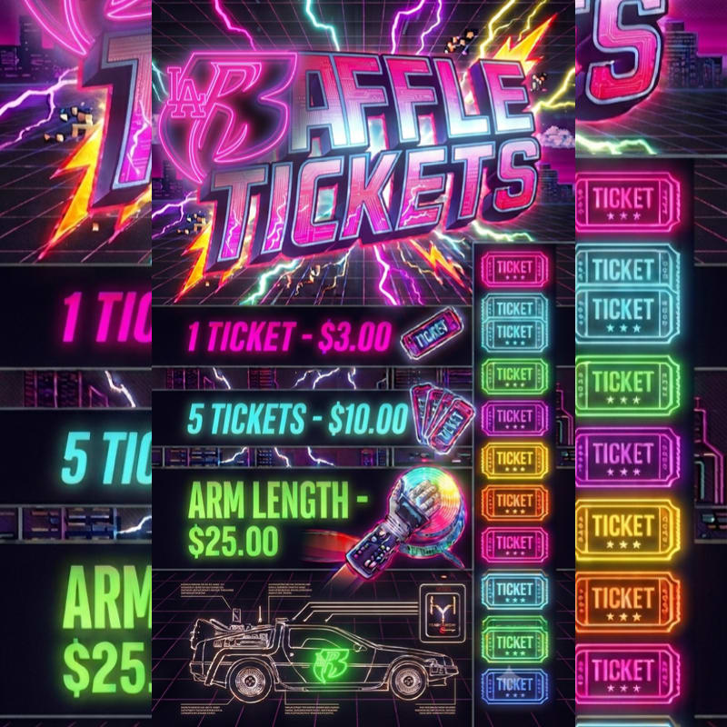 Neon-colored raffle tickets and pricing are displayed against a vibrant, electric background featuring a futuristic car.