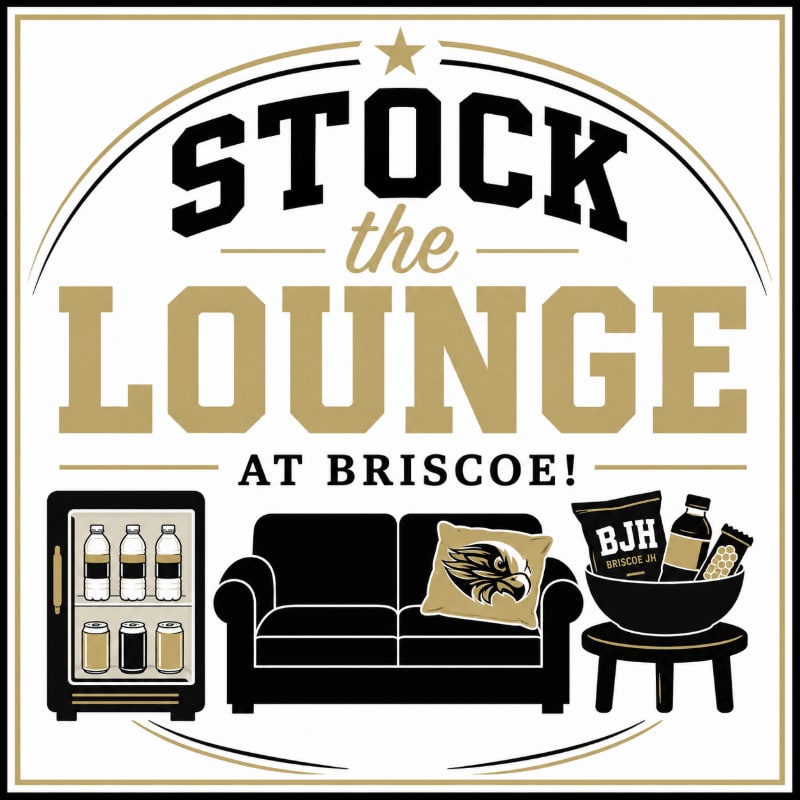 A black couch with a pillow featuring an eagle logo sits in the foreground next to a mini-fridge and a bowl of snacks, all under a large banner that reads "STOCK the LOUNGE AT BRISCOE!".