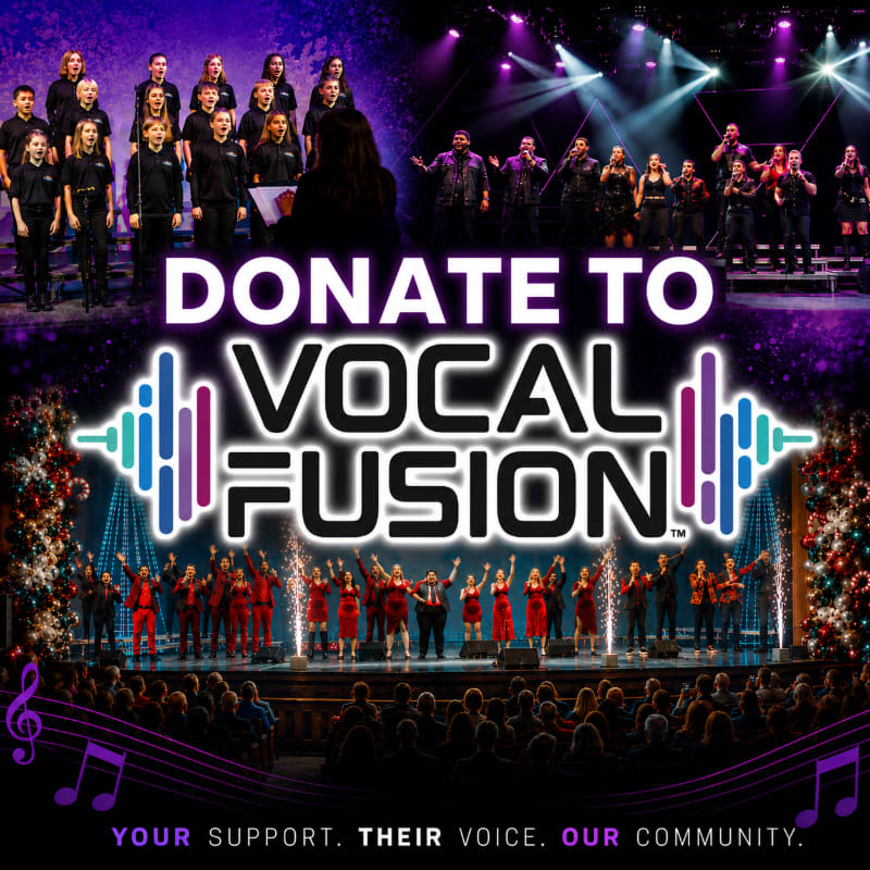 A choir of singers stands on a stage with bright lights in the background, while the foreground features a large "DONATE TO VOCAL FUSION" logo and a musical note graphic.