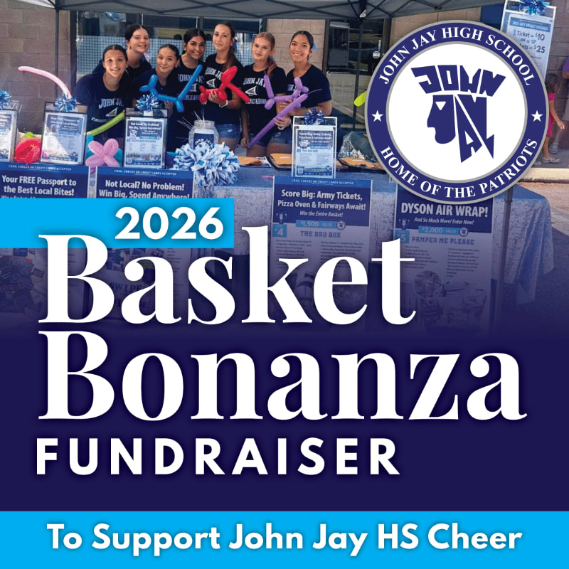 A group of smiling students in the foreground pose with balloons and prizes at a "Basket Bonanza Fundraiser" for John Jay High School Cheer, with a school logo and event details visible in the background.