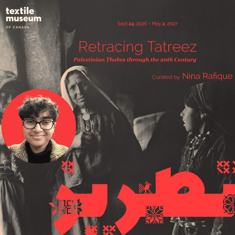 A circular inset of a smiling person with glasses is superimposed on a vintage black and white photograph of women in traditional attire, with bold red text announcing an exhibition.