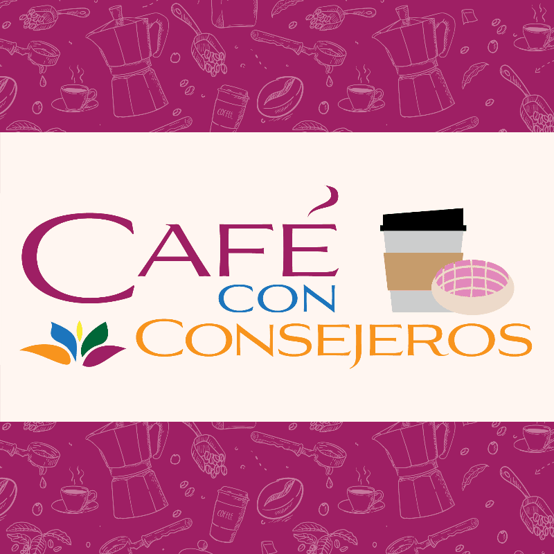 A coffee cup and pastry sit in the foreground against a background of coffee-themed illustrations.
