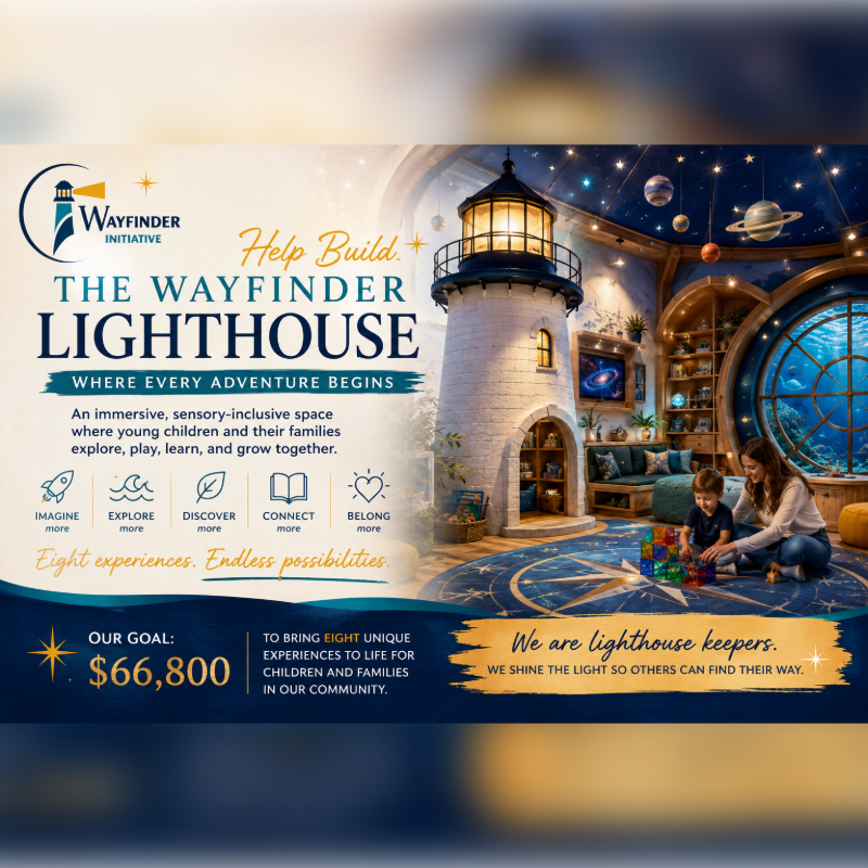 A promotional graphic for the Wayfinder Lighthouse initiative features a whimsical interior with a lighthouse structure in the foreground and a starry, celestial-themed room in the background.