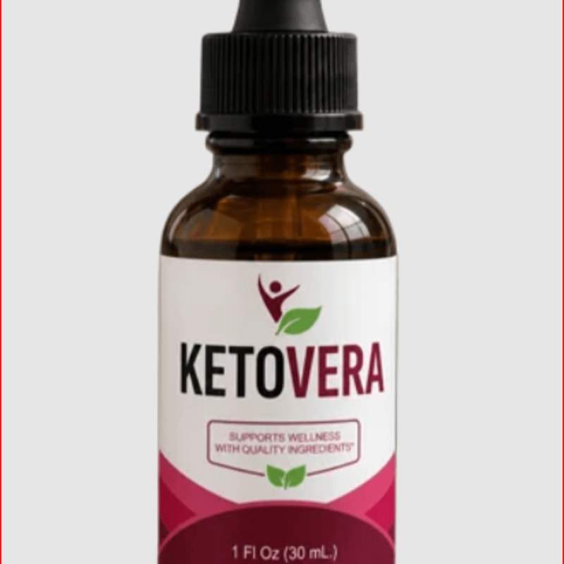 A brown glass bottle with a black dropper cap and a white label reading "KETO VERA" sits against a plain gray background.