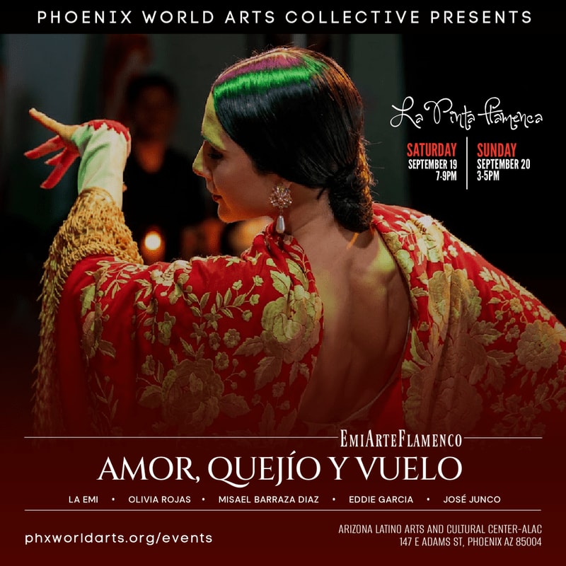 A flamenco dancer in a red embroidered costume performs in the foreground, with event details for "Amor, Quejío y Vuelo" by EmiArteFlamenco presented by Phoenix World Arts Collective in the background.