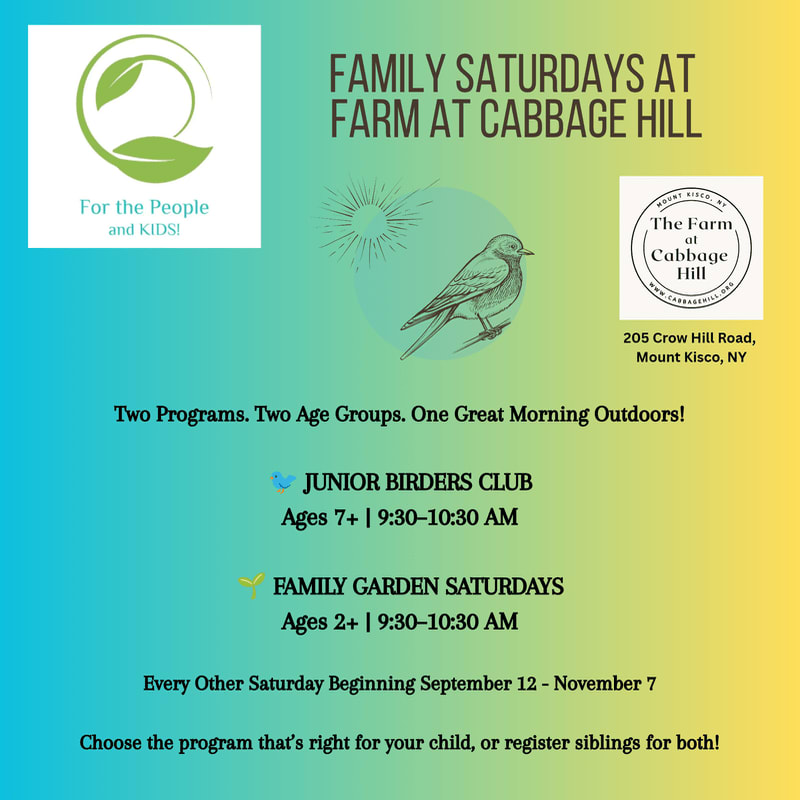 A flyer with a gradient background advertises "Family Saturdays at Farm at Cabbage Hill" with details about two programs, "Junior Birders Club" and "Family Garden Saturdays," in the foreground.